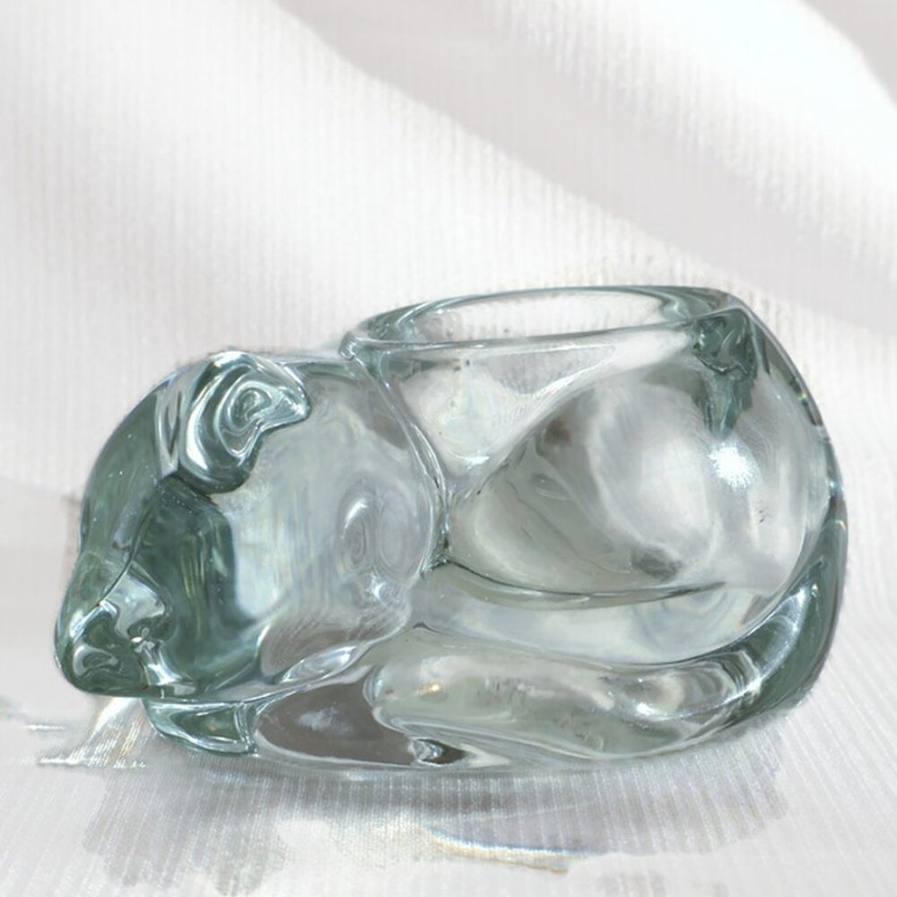 Vintage Indiana Glass Cat - Candle Holder - Clear Glass Sleeping Cat
